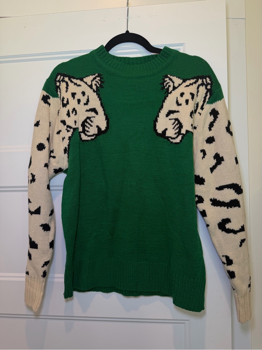 Green Crewneck Sweater with Cream Leopard-Print Sleeves